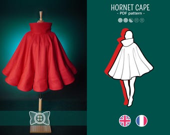 HORNET CAPE with structured collar and forever pleats, cosplay PDF pattern, one size fits most