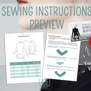 May include: A digital sewing pattern preview for Qifrey's bodysuit, featuring two white pages with black line drawings, a fabric requirements table, and written instructions. A small embedded video player thumbnail shows a person in a black bodysuit.