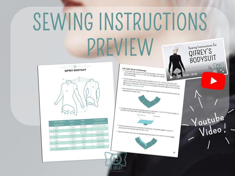 May include: A digital sewing pattern preview for Qifrey's bodysuit, featuring two white pages with black line drawings, a fabric requirements table, and written instructions. A small embedded video player thumbnail shows a person in a black bodysuit.