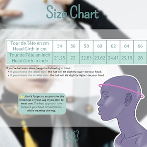 May include: A size chart for head circumference featuring a table with measurements in centimeters from 54 to 66 and inches from 21.25 to 26. It includes instructions on sizing and a purple illustration of a head with a pink measuring line.
