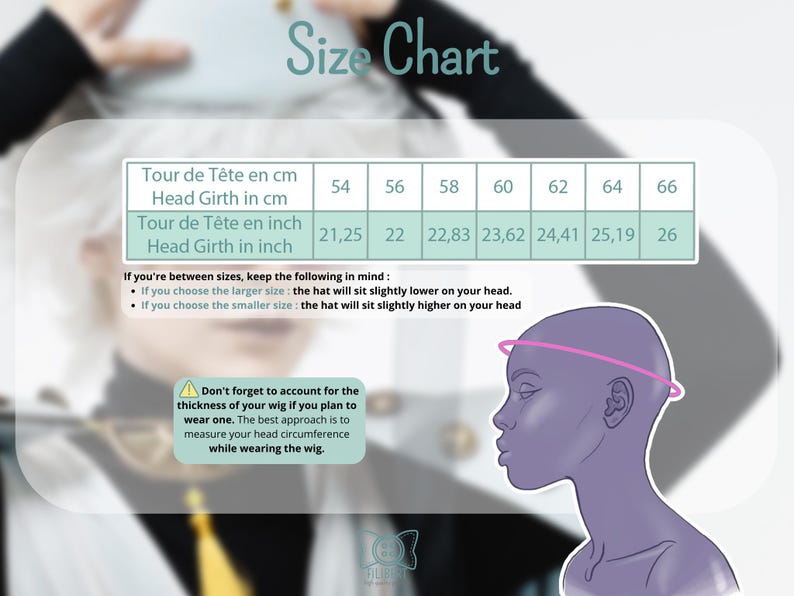 May include: A size chart for head circumference featuring a table with measurements in centimeters from 54 to 66 and inches from 21.25 to 26. It includes instructions on sizing and a purple illustration of a head with a pink measuring line.