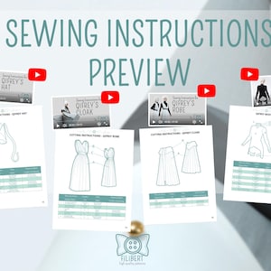 May include: A digital sewing instructions preview featuring four instructional video thumbnails and four corresponding cutting instruction sheets for a hat, robe, cloak, and bodysuit. The text reads SEWING INSTRUCTIONS PREVIEW and FILIBERT high quality patterns.