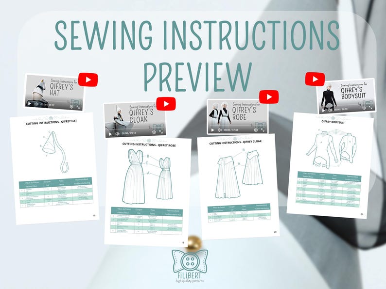 May include: A digital sewing instructions preview featuring four instructional video thumbnails and four corresponding cutting instruction sheets for a hat, robe, cloak, and bodysuit. The text reads SEWING INSTRUCTIONS PREVIEW and FILIBERT high quality patterns.