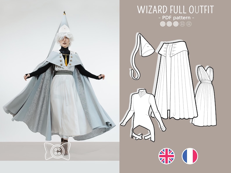 May include: A PDF pattern for a wizard full outfit, featuring a light blue hooded cloak with gold accents, a white dress, and a black long-sleeve top. The image includes technical line drawings of the hat, cloak, and dress, with text reading WIZARD FULL OUTFIT.