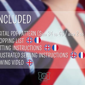 Pode incluir: Imagem de um padr&atilde;o PDF digital com uma lista de compras, instru&ccedil;&otilde;es de corte, instru&ccedil;&otilde;es de costura ilustradas e um v&iacute;deo de costura. O texto &eacute; exibido em um ret&acirc;ngulo branco arredondado sobre um fundo vermelho, branco e azul.
