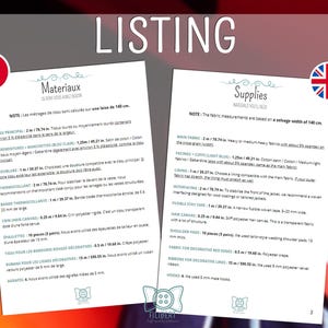 Pode incluir: Duas p&aacute;ginas de materiais e materiais de costura s&atilde;o exibidas, com texto em franc&ecirc;s e ingl&ecirc;s. A p&aacute;gina francesa lista materiais com medidas em cm, enquanto a p&aacute;gina inglesa lista suprimentos. As p&aacute;ginas est&atilde;o em um fundo desfocado.