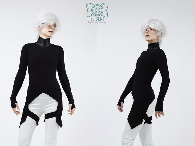 May include: A black long-sleeved top with a high collar, thumb holes, and an asymmetrical hemline that extends down the sides. The garment features a logo at the top center with the text FILIBERT high quality patterns. White pants are worn.