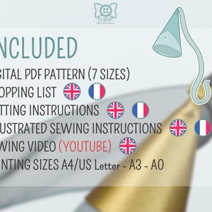 May include: A digital PDF sewing pattern information graphic featuring the text INCLUDED, DIGITAL PDF PATTERN (7 SIZES), SHOPPING LIST, CUTTING INSTRUCTIONS, ILLUSTRATED SEWING INSTRUCTIONS, SEWING VIDEO (YOUTUBE), and PRINTING SIZES A4/US Letter - A3 - A0.