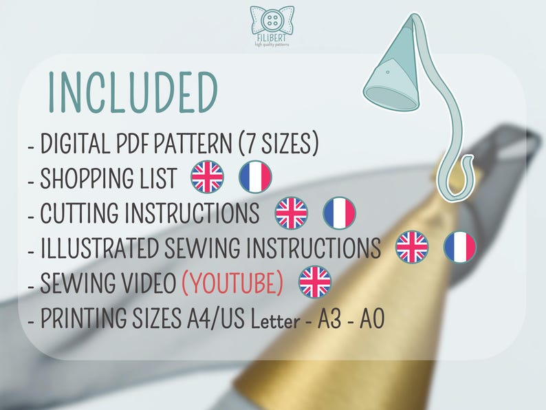 May include: A digital PDF sewing pattern information graphic featuring the text INCLUDED, DIGITAL PDF PATTERN (7 SIZES), SHOPPING LIST, CUTTING INSTRUCTIONS, ILLUSTRATED SEWING INSTRUCTIONS, SEWING VIDEO (YOUTUBE), and PRINTING SIZES A4/US Letter - A3 - A0.