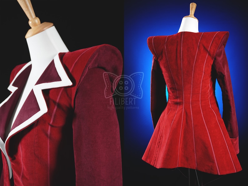 May include: A red jacket with a white collar and a fitted silhouette. The jacket has a unique design with a pointed collar and a flared hem. The jacket is made of a soft, comfortable fabric and has a classic look.