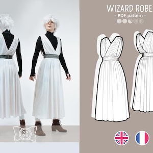May include: A PDF pattern for a wizard robe featuring a white sleeveless dress with a deep V-neckline, a wide waistband, and a full-length pleated skirt. The image includes a technical line drawing of the garment and text reading WIZARD ROBE.