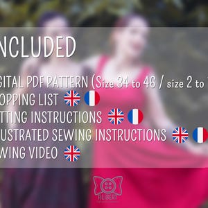 May include: Image features a digital PDF pattern for sizes 2 to 14, including a shopping list, cutting instructions, illustrated sewing instructions, and a sewing video. The image has a blurred background with two people wearing dresses.