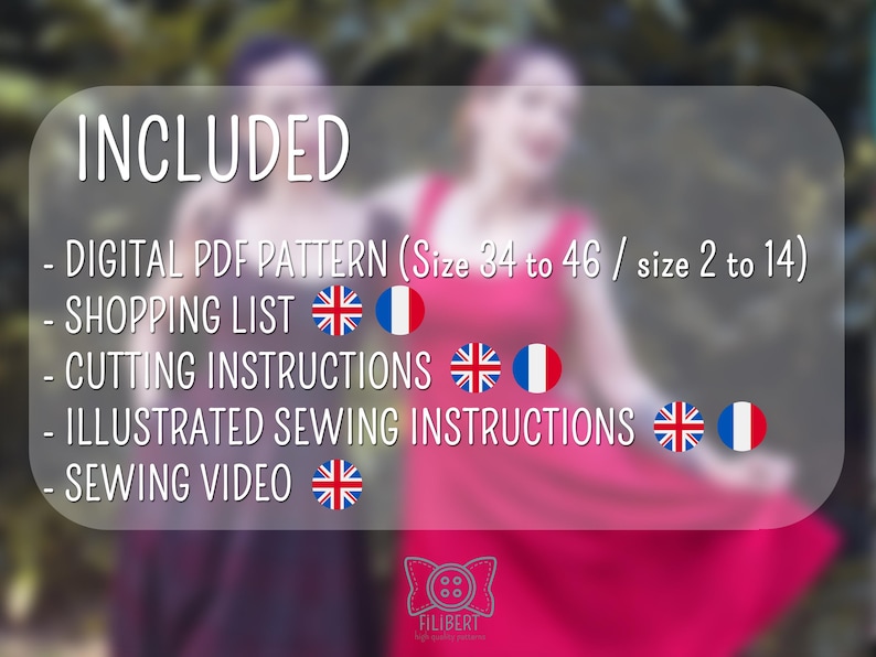 May include: Image features a digital PDF pattern for sizes 2 to 14, including a shopping list, cutting instructions, illustrated sewing instructions, and a sewing video. The image has a blurred background with two people wearing dresses.