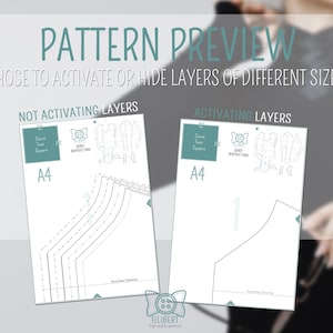 May include: Two A4 sewing pattern sheets showing layer activation options. The left sheet displays multiple nested lines labeled NOT ACTIVATING LAYERS, while the right sheet shows a single selected line labeled ACTIVATING LAYERS. Text includes PATTERN PREVIEW.