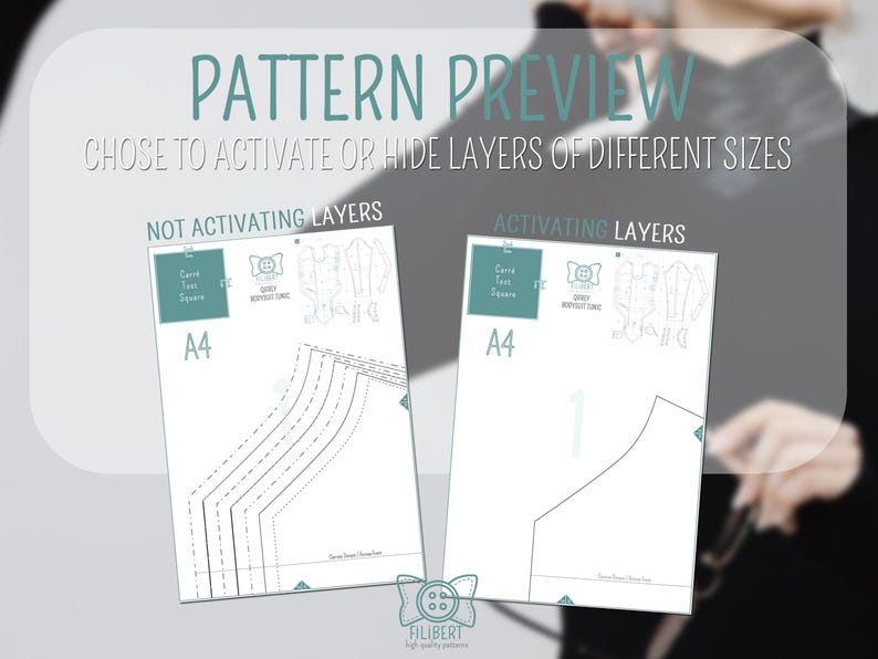May include: Two A4 sewing pattern sheets showing layer activation options. The left sheet displays multiple nested lines labeled NOT ACTIVATING LAYERS, while the right sheet shows a single selected line labeled ACTIVATING LAYERS. Text includes PATTERN PREVIEW.