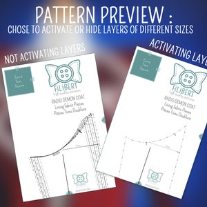 May include: A side-by-side comparison of two sewing patterns for a "Radio Demon Coat" by Filibert. The pattern on the left shows the pattern pieces without the layers activated, while the pattern on the right shows the pattern pieces with the layers activated.