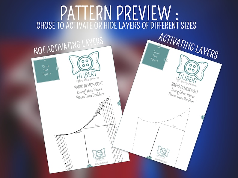 May include: A side-by-side comparison of two sewing patterns for a "Radio Demon Coat" by Filibert. The pattern on the left shows the pattern pieces without the layers activated, while the pattern on the right shows the pattern pieces with the layers activated.