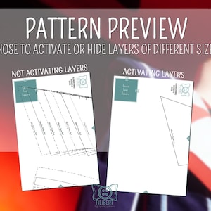 Pode incluir: Imagem de visualiza&ccedil;&atilde;o do padr&atilde;o com o texto "PATTERN PREVIEW" e "CHOSE TO ACTIVATE OR HIDE LAYERS OF DIFFERENT SIZES." S&atilde;o mostrados dois diagramas, um com "NOT ACTIVATING LAYERS" e o outro com "ACTIVATING LAYERS."