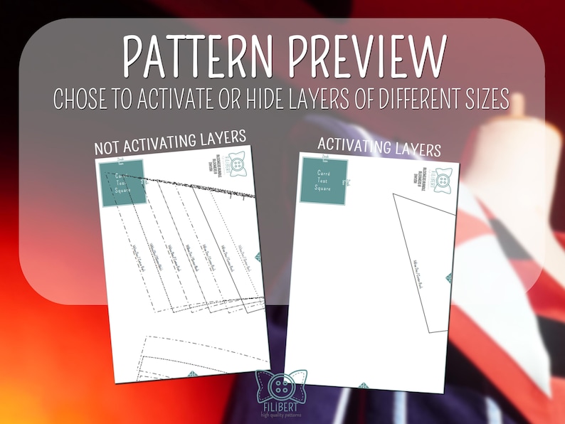Pode incluir: Imagem de visualiza&ccedil;&atilde;o do padr&atilde;o com o texto "PATTERN PREVIEW" e "CHOSE TO ACTIVATE OR HIDE LAYERS OF DIFFERENT SIZES." S&atilde;o mostrados dois diagramas, um com "NOT ACTIVATING LAYERS" e o outro com "ACTIVATING LAYERS."
