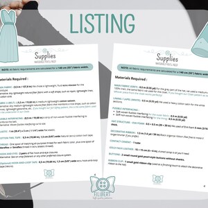 May include: Two white informational sheets titled Supplies with lists of materials required for sewing projects. The left sheet details fabric and notions for a dress, while the right sheet lists supplies for a hat, including foam and ribbon.