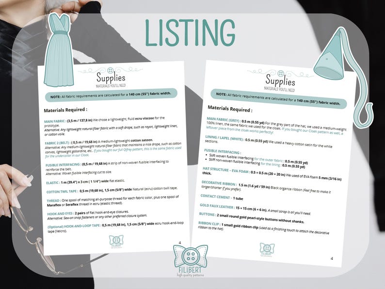 May include: Two white informational sheets titled Supplies with lists of materials required for sewing projects. The left sheet details fabric and notions for a dress, while the right sheet lists supplies for a hat, including foam and ribbon.