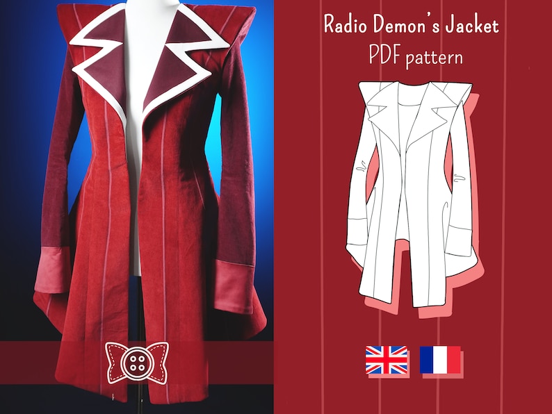 May include: A red and white jacket with a pointed collar and long sleeves. The jacket has a pattern of vertical stripes and a bow at the bottom. The image also shows a line drawing of the jacket pattern, with the text "Radio Demon's Jacket PDF pattern" above it.