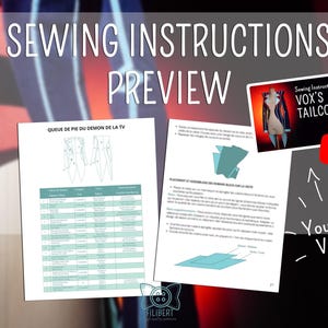 Pode incluir: Imagem de instru&ccedil;&otilde;es de costura com o t&iacute;tulo "SEWING INSTRUCTIONS PREVIEW". A imagem inclui diagramas, uma tabela e uma pequena imagem de um fraque. Um &iacute;cone de v&iacute;deo do YouTube tamb&eacute;m est&aacute; presente.