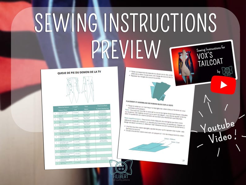 Pode incluir: Imagem de instru&ccedil;&otilde;es de costura com o t&iacute;tulo "SEWING INSTRUCTIONS PREVIEW". A imagem inclui diagramas, uma tabela e uma pequena imagem de um fraque. Um &iacute;cone de v&iacute;deo do YouTube tamb&eacute;m est&aacute; presente.