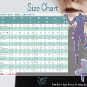 May include: A size chart for clothing featuring a table with EU and US sizes ranging from 34 to 46 and 2 to 14. It includes measurements in cm and inches for various body parts, illustrated by purple mannequin diagrams labeled with letters A through M.