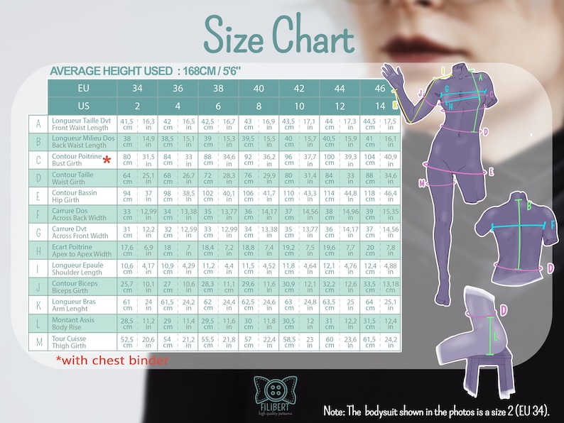May include: A size chart for clothing featuring a table with EU and US sizes ranging from 34 to 46 and 2 to 14. It includes measurements in cm and inches for various body parts, illustrated by purple mannequin diagrams labeled with letters A through M.