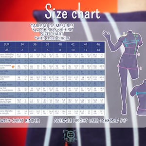 Pode incluir: Uma tabela de tamanhos com medidas em cent&iacute;metros e polegadas, incluindo busto, cintura e quadris. A tabela inclui tamanhos dos EUA e EUR, com um diagrama de uma pessoa com linhas de medi&ccedil;&atilde;o. O texto diz "Size chart" e "with chest binder".