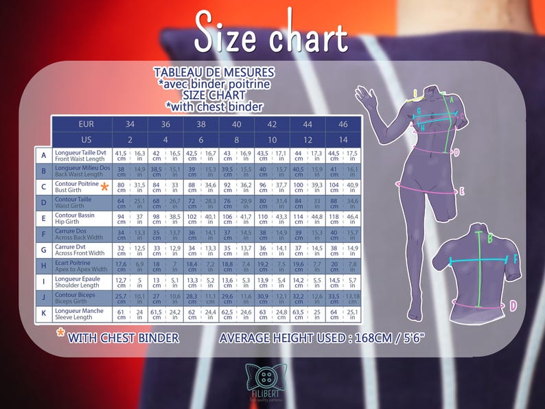 Pode incluir: Uma tabela de tamanhos com medidas em cent&iacute;metros e polegadas, incluindo busto, cintura e quadris. A tabela inclui tamanhos dos EUA e EUR, com um diagrama de uma pessoa com linhas de medi&ccedil;&atilde;o. O texto diz "Size chart" e "with chest binder".