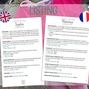 May include: A sewing pattern listing with detailed fabric requirements and measurements. The document includes sections on supplies, main fabric, facing, lining, fusible interfacing, and tape. The text is in English.