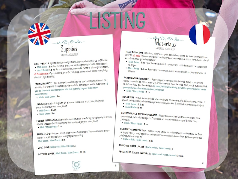 May include: A sewing pattern listing with detailed fabric requirements and measurements. The document includes sections on supplies, main fabric, facing, lining, fusible interfacing, and tape. The text is in English.