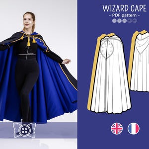 Op de afbeelding: Een tovenaarsmantel PDF-patroon met een zwarte en koningsblauwe mantel met gouden randen en kwastjes. De afbeelding toont een afgewerkte mantel en een technische lijntekening van het kledingstuk, met de tekst WIZARD CAPE - PDF pattern - bovenaan.