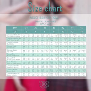 May include: A size chart with measurements in centimeters and inches, including bust, waist, and hip girth, as well as sleeve and shoulder length. The chart is in a white frame with a blurred background.