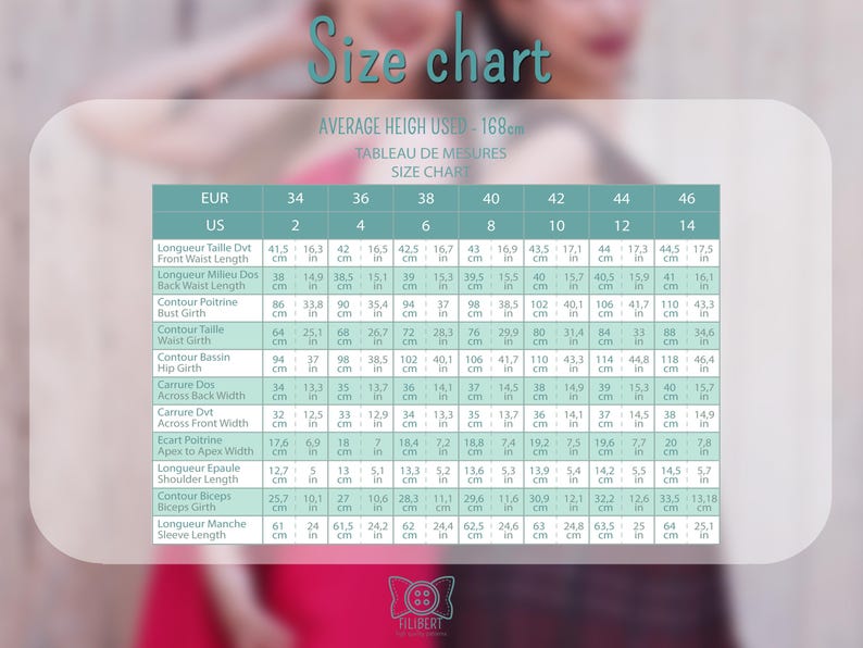 May include: A size chart with measurements in centimeters and inches, including bust, waist, and hip girth, as well as sleeve and shoulder length. The chart is in a white frame with a blurred background.