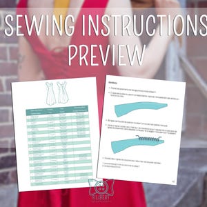 May include: Preview of sewing instructions with the text "SEWING INSTRUCTIONS PREVIEW". The image shows two pages of instructions with diagrams and a table. The background is a person wearing a red dress.