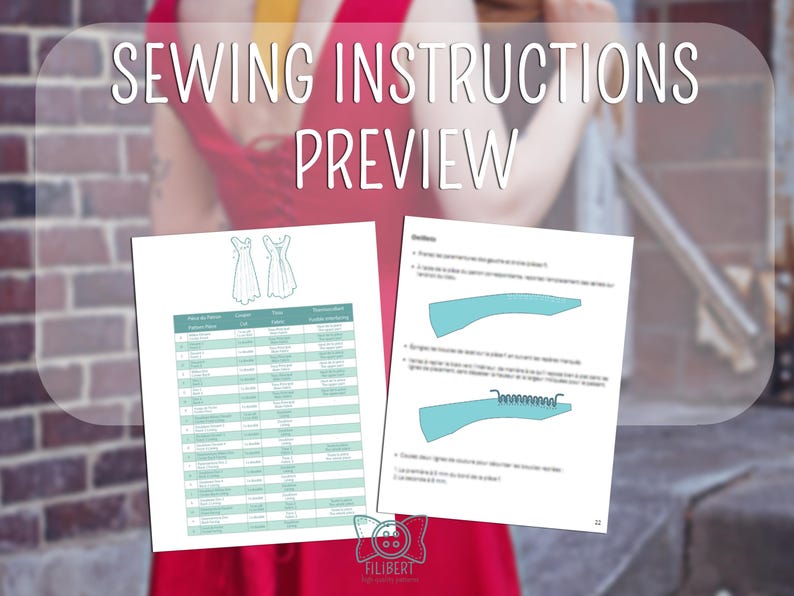 May include: Preview of sewing instructions with the text "SEWING INSTRUCTIONS PREVIEW". The image shows two pages of instructions with diagrams and a table. The background is a person wearing a red dress.