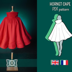 Puede incluir: Una capa roja vibrante con cuello alto, exhibida en un maniquí de madera. La imagen también presenta un gráfico de la capa y el texto "HORNET CAPE PDF pattern".