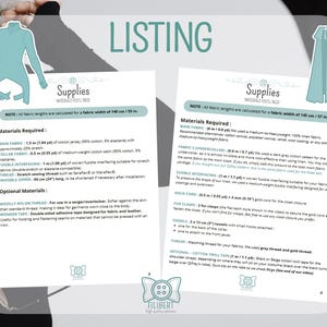 May include: A digital sewing pattern document titled LISTING with two pages of instructions. The left page details supplies for a tunic, and the right page lists materials for a cloak, including fabric, thread, zippers, and clasps in imperial units.