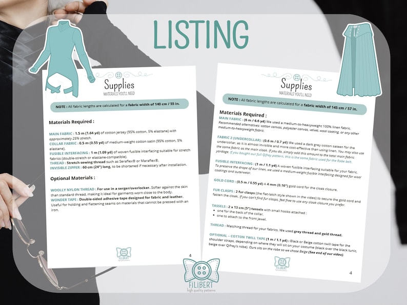May include: A digital sewing pattern document titled LISTING with two pages of instructions. The left page details supplies for a tunic, and the right page lists materials for a cloak, including fabric, thread, zippers, and clasps in imperial units.