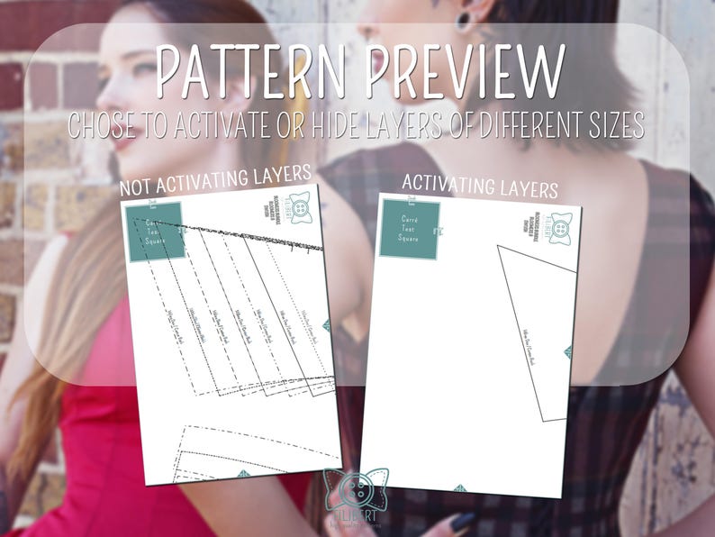 May include: Image showing a pattern preview with the text "PATTERN PREVIEW" and "CHOSE TO ACTIVATE OR HIDE LAYERS OF DIFFERENT SIZES". Two diagrams are shown, one labeled "NOT ACTIVATING LAYERS" and the other "ACTIVATING LAYERS".