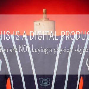 Pode incluir: An&uacute;ncio de produto digital em fundo vermelho. O texto diz: "ESTE &Eacute; UM PRODUTO DIGITAL Voc&ecirc; N&Atilde;O est&aacute; comprando um objeto f&iacute;sico". Um manequim exibe uma pe&ccedil;a azul com listras brancas.