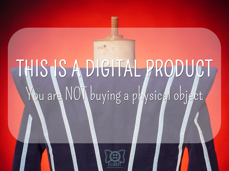 Pode incluir: An&uacute;ncio de produto digital em fundo vermelho. O texto diz: "ESTE &Eacute; UM PRODUTO DIGITAL Voc&ecirc; N&Atilde;O est&aacute; comprando um objeto f&iacute;sico". Um manequim exibe uma pe&ccedil;a azul com listras brancas.