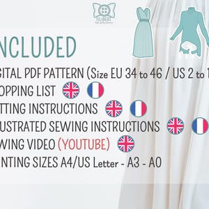 May include: A digital PDF sewing pattern for a dress and top, including a shopping list, cutting instructions, illustrated sewing instructions, and a YouTube video. Sizes range from EU 34 to 46 or US 2 to 14, with printing options for A4, US Letter, A3, and A0.