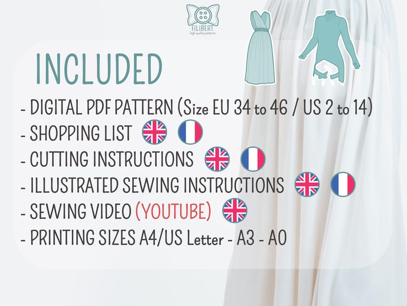 May include: A digital PDF sewing pattern for a dress and top, including a shopping list, cutting instructions, illustrated sewing instructions, and a YouTube video. Sizes range from EU 34 to 46 or US 2 to 14, with printing options for A4, US Letter, A3, and A0.