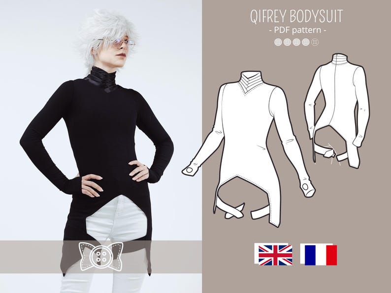 May include: A black long-sleeved bodysuit with a high collar and a cut-out hemline, displayed alongside a technical line drawing labeled QIFREY BODYSUIT - PDF pattern, showing front and back views with detailed construction lines and sleeve cuffs.