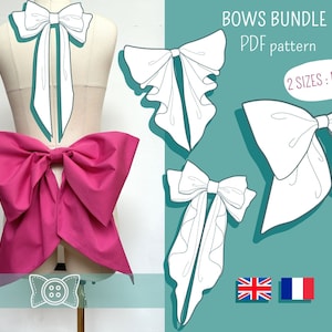 Puede incluir: Un patrón PDF digital para hacer tres estilos diferentes de lazos. El patrón incluye instrucciones para hacer un lazo grande, un lazo más pequeño y un lazo con borde fruncido. El patrón está disponible en dos tamaños: M y XL. El patrón se muestra sobre un fondo blanco con un borde turquesa.