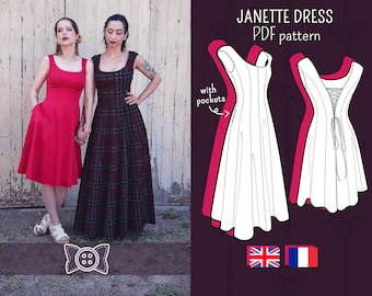 JANETTE DRESS PDF pattern - Cute cottagecore‑style, flattering dress with pockets and lacing